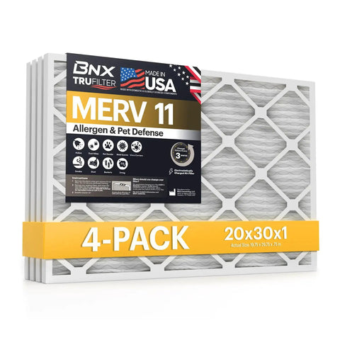 TruFilter 20x30x1 Air Filter MERV 11 4 Pack Made In USA Electrostatic Pleated HVAC AC Furnace Filter for Allergies, Dust, Pet Dander