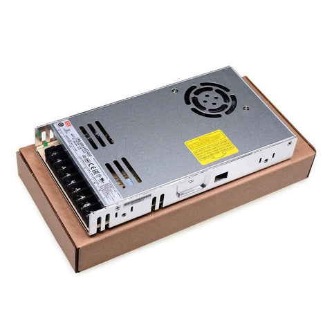 24V DC Switching Power Supply, 14.6A 350W, 88 Percent Efficient, Beefy Input Range, metal casing, placed on a cardboard box