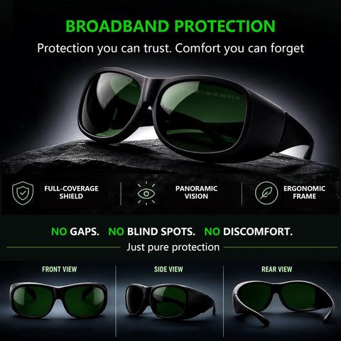 Kickass Laser Safety Glasses 900-1100nm OD8 Plus DIN4 Heavy-Duty Eye Protection Goggles, front, side, rear views on black background.