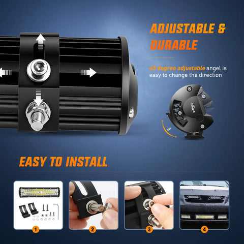 Close-up of adjustable mount for Led Light Bar Set 12 Inch 300W Triple Row Spot Flood Combo, showing installation steps.