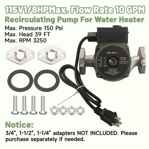 Top Shelf Heavy Duty 1/8 HP Circulator Pump, All Stainless Steel Body, No Nonsense Replacement For Taco 009 F5, 115V Single Phase Hot Water Pump For Radiant And Solar Systems with installation accessories.