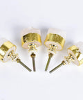 Four Pack Real Deal Natural Clear Quartz Crystal Cabinet Knobs With Gold Plated Solid Brass Base For Drawers And Dressers Smooth Everyday Premium Hardware on white background.