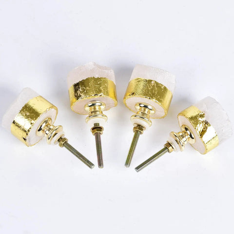 Four Pack Real Deal Natural Clear Quartz Crystal Cabinet Knobs With Gold Plated Solid Brass Base For Drawers And Dressers Smooth Everyday Premium Hardware on white background.