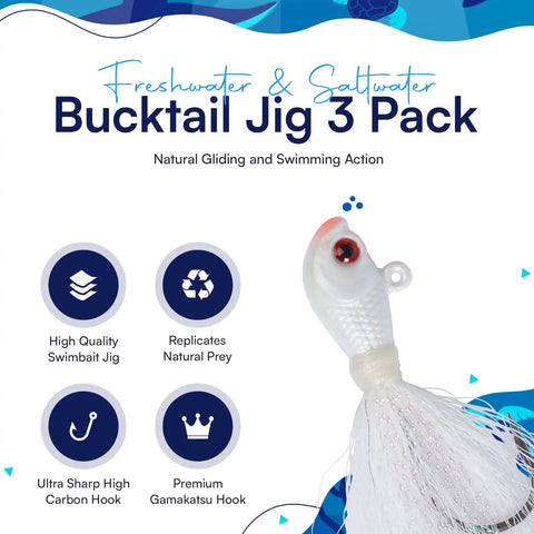 Bucktail Jigs 3 Pack Hand Tied Fishing Lures For Saltwater And Freshwater High Quality Swimbait Jig White 1 oz