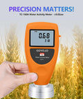 Pro Grade Water Activity Meter For Food Testing And Moisture Control, Smart Tester For Jerky, Dried Fruit, Grains And Veggies, 0-1.0 AW Range, 0.02 AW Accuracy, Non Conductive Sensor, Water Activity Analyzer close-up in hand