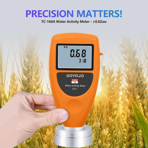 Pro Grade Water Activity Meter For Food Testing And Moisture Control, Smart Tester For Jerky, Dried Fruit, Grains And Veggies, 0-1.0 AW Range, 0.02 AW Accuracy, Non Conductive Sensor, Water Activity Analyzer close-up in hand