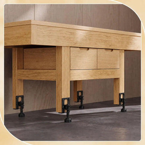 Heavy Duty Adjustable Furniture Leveling Feet L Shaped Leg Levelers 24 Pack Black installed under wooden desk.