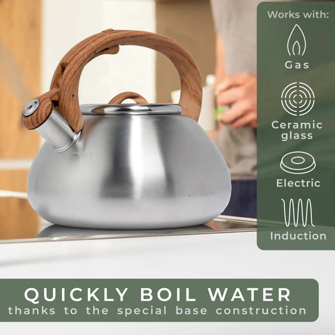 Stovetop Whistling Tea Kettle Two Point Four Quart Stainless Steel For Induction And Gas Stovetops Durable Rust Resistant Teapot That Heats Fast And Boils Tea In Minutes on a stovetop