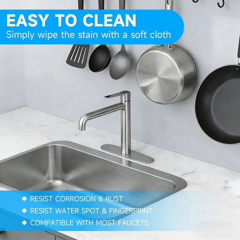 10 Inch Brushed Nickel Kitchen Faucet Deck Plate Cover easily fits three hole sinks, shown above a stainless steel sink and utensils.