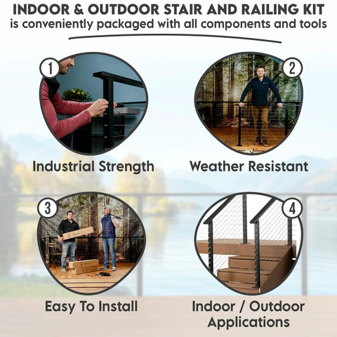 Indoor & Outdoor Stair and Railing Kit overview showcasing industrial strength, weather resistance, and easy installation features.