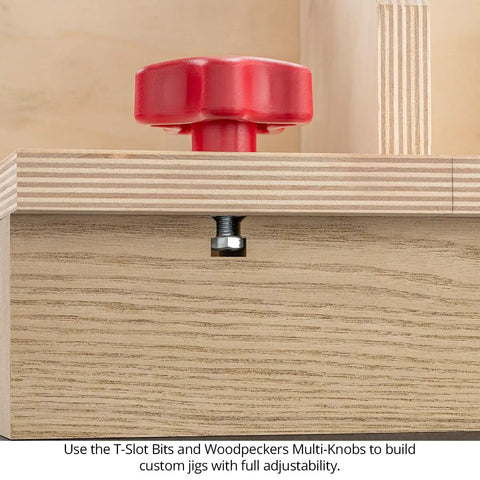 Top Shelf T Slot Router Bit Set With Half Inch Shank crafted for track saw clamp grooves, featuring a bold red knob and wood assembly.