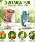 No Sweat Bird Feeder And Water Dispenser Duo For Small Parrots Two Pack Hanging Cage Cups Transparent Pet Food Bowl Quick Load Avian Care Essentials For Flocks with seed feeder and water dispenser.