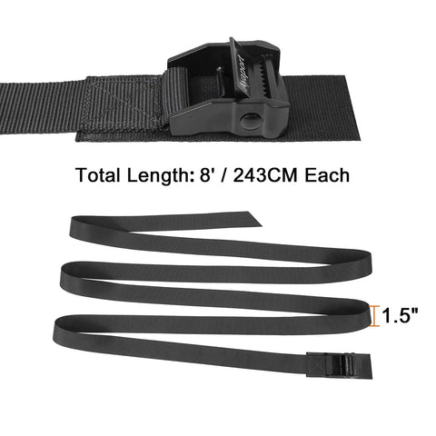 Adjustable Cam Buckle Tie Down Straps 1.5 Inch By 8 Feet Heavy Duty Nylon Lashing Straps showing buckle and strap length.