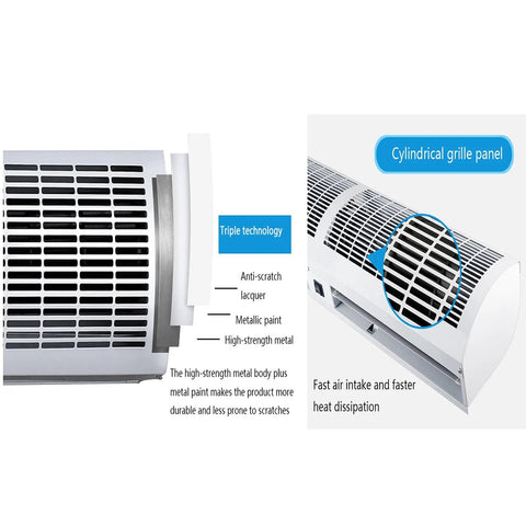 Close-up of Rock Solid Silent Commercial Air Curtain showing cylindrical grille panel design and durable metal finish.