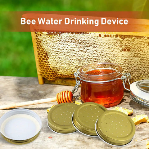 Eight Pack Mason Jar Bee Feeder Lids With Perforated Metal Entrance, gold finish, next to honeycomb and jar of syrup on table.