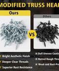 Comparison of 220 Piece Number 8 Truss Head Zinc Wood Screws Set and a competitor, highlighting finish and thread quality.