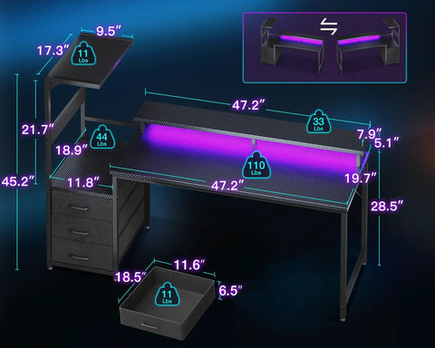 59 Inch Gaming Desk With LED Lighting, Reversible Computer Desk With Storage Shelves And Monitor Stand, shown with dimensions and weight limits