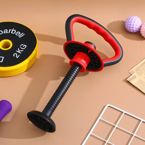 Red and black Dope Adjustable Kettlebell Handle Grip For Dumbbells With Stable Plastic Base on beige background, portable accessory