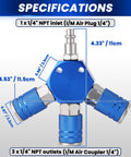 3 Way 1/4 Inch NPT Air Compressor Manifold With Quick Connect Fittings Pro Grade Aluminum Splitter Kit specifications diagram