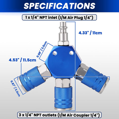 3 Way 1/4 Inch NPT Air Compressor Manifold With Quick Connect Fittings Pro Grade Aluminum Splitter Kit specifications diagram