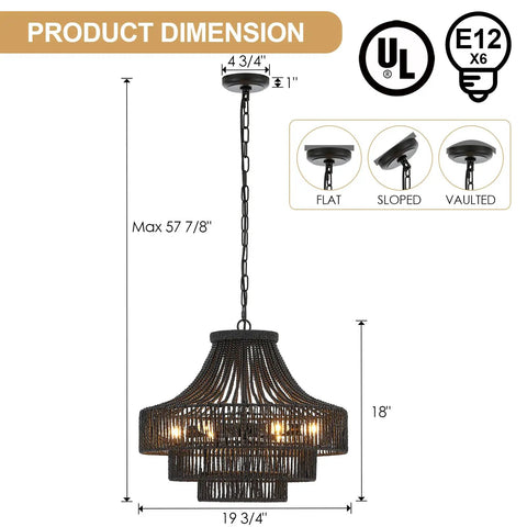 Dimension details of hand woven rattan pendant light, showcasing dome style ceiling fixture for kitchen island, dining room.