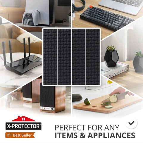 Collage showing Non Slip Rubber Strips Eight Pack Self Adhesive Grip Pads in use on various home office surfaces, protecting items.