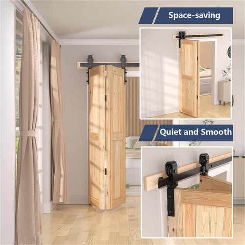 48 Inch Bifold Barn Door Hardware Kit For Two Doors In Black Finish With Corrosion Resistant Carbon Steel Construction in interior view.