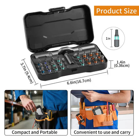 No-Brainer 24-In-1 Magnetic Ratchet Screwdriver Set with detachable handle in compact storage case, product size shown