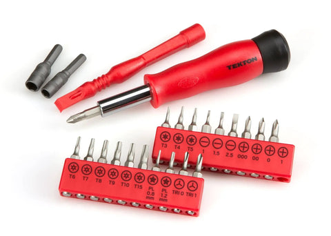 Everybit Ratchet Screwdriver And Bit Set 135 Piece Pro Kit with red handle and multiple bit types on display