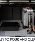 Heavy Duty Black Auto Oil Drain Pan For Plastic L Engine Fluids, Seamless Smooth Cleanup Tray with spout in car trunk.