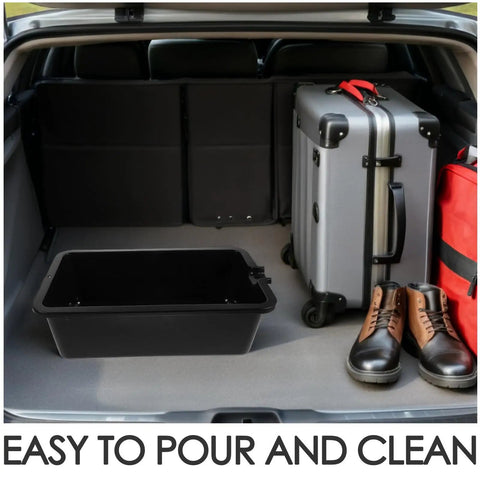 Ipetboom Auto Oil Catch Pan 6l Plastic Drain Bowl for Engine Fluids, shown in trunk with luggage and shoes.