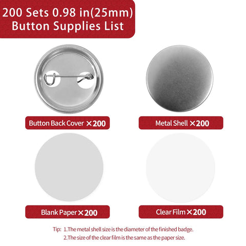 Image showing 200 Sets Of 25mm Button Making Supplies With 800 Pieces Total Includes 0.98 Inch Metal Blank Badges And Paper Inserts