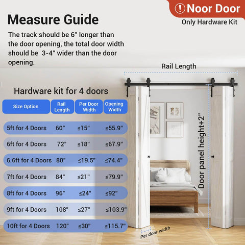 Size guide for 72-Inch Bi-Folding Sliding Barn Door Hardware Kit For 4 Doors with track and roller details.