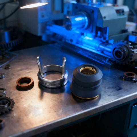 All In One Plasma Cutting Torch Consumable Kit components on a workshop table