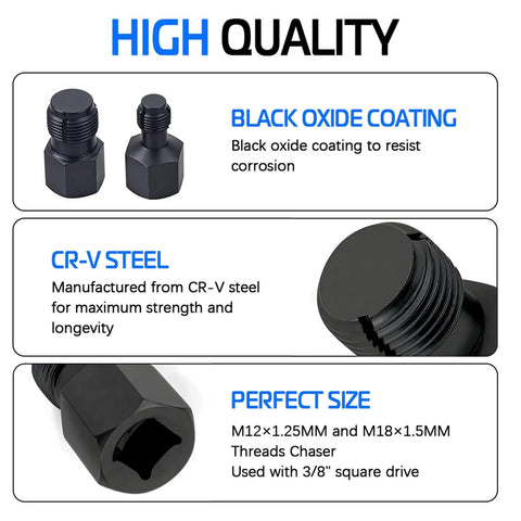 Oxygen sensor thread chasers set, two pieces, black oxide CR-V steel, for M18x1.5mm and M12x1.25mm, 3/8-inch square drive