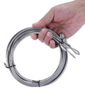 Hand holding galvanized cable from Garage Door Cable And Pulley Replacement Kit With Two Pairs Of Galvanized Aircraft Cables And Four Heavy Duty Three Inch Pulleys And Fasteners For Torsion And Extension Doors Up To 12 And 9 Feet DIY Ready