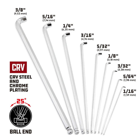 9 Piece SAE Stubby End Hex Key Set With Extra Long Arms For Tight Spots And Extra Leverage Ball End LWrenches in sizes 3/8 to 1/16 inches.
