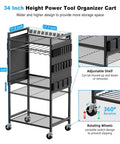 Heavy Duty Power Tool Organizer Cart With Charging Station And Battery Storage, Rolling Tool Cart On Wheels For Garage Or Shop, 8 Outlet 10 Ft Power Strip, Floor Standing Rack, Black, with adjustable shelves and 360-degree rotating wheels
