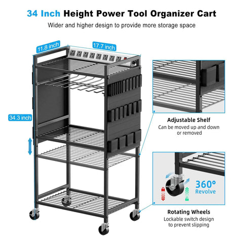 Heavy Duty Power Tool Organizer Cart With Charging Station And Battery Storage, Rolling Tool Cart On Wheels For Garage Or Shop, 8 Outlet 10 Ft Power Strip, Floor Standing Rack, Black, with adjustable shelves and 360-degree rotating wheels
