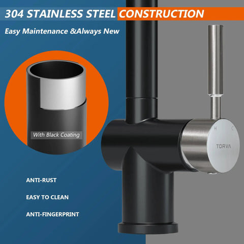 Pull Down Kitchen Faucet With Deck Plate And Sprayer, Dual Tone Matte Black And Chrome Finish, close-up of handle and construction