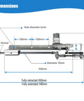 Diagram of DC 24V DIY Reciprocating Linear Actuator With Adjustable Telescopic Stroke And Speed Controller, showing dimensions and parts.