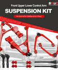 Beefed Up Front End Lower And Upper Control Arms Suspension Kit With 4 Control Arms And Ball Joints Tie Rods And 2 Sway Bars For Chevy GMC Silverado Sierra Avalanche Suburban Yukon XL 1500 Tahoe, red steel components