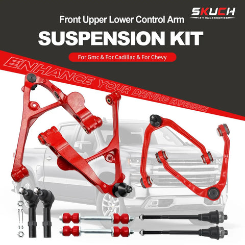 Beefed Up Front End Lower And Upper Control Arms Suspension Kit With 4 Control Arms And Ball Joints Tie Rods And 2 Sway Bars For Chevy GMC Silverado Sierra Avalanche Suburban Yukon XL 1500 Tahoe, red steel components