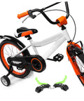 White and orange kids' bike with attached three finger bike brake lever for boys and girls, ergonomic MTB disc brake levers
