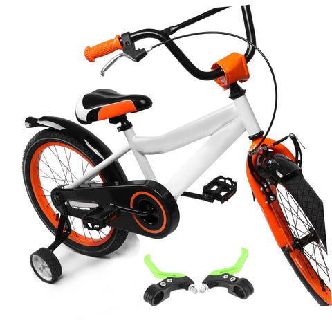 White and orange kids' bike with attached three finger bike brake lever for boys and girls, ergonomic MTB disc brake levers