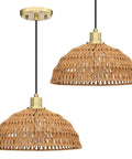 Two Pack Linen Cord Boho Pendant Lights With Hemp Rattan Wicker Brushed Brass Finish Ideal For Kitchen Island And Dining Room E26 LED Compatible Bulbs Not Included Dimmable With Dimmer Easy Hardwired Installation