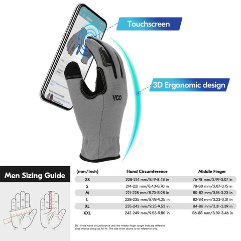 3 Pack Synthetic Leather Work Gloves For Light Duty Tasks, Touchscreen friendly, showing sizing guide and touchscreen use, Size L.