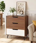 Knockout Rustic Farmhouse Three Drawer Dresser Heavy Duty Wooden Storage Chest with Smooth Gliding Drawers, Brown White.