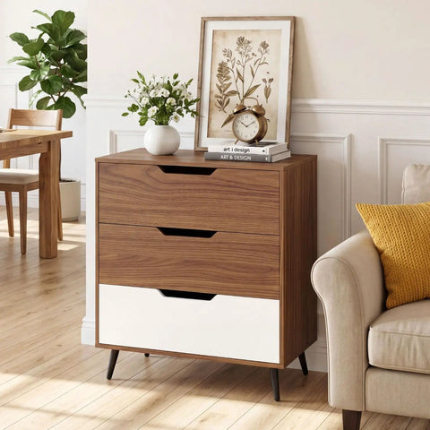 Knockout Rustic Farmhouse Three Drawer Dresser Heavy Duty Wooden Storage Chest with Smooth Gliding Drawers, Brown White.