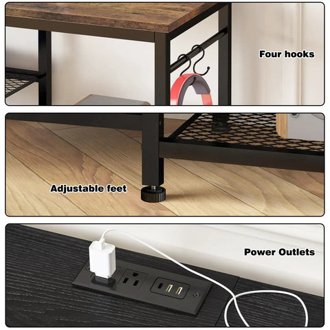 TV Stand For Televisions Up To 55 Inch With Built In Power Outlet And USB Ports Type C Port Open Storage Shelves Black